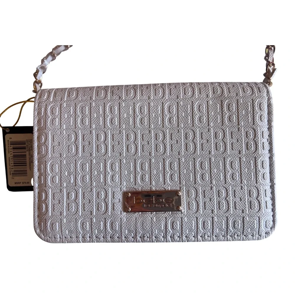 Bebe Los Angeles Crossbody Bag, Embossed Logo Pattern Chain Strap Off White‎ NWT